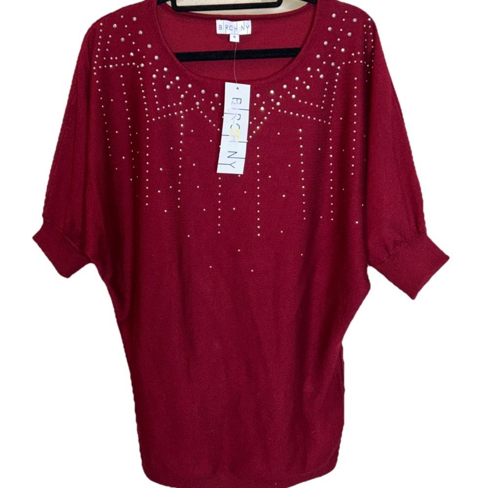 NEW BIRCH NY EMBELLISHED SWEATER PULLOVER SOFT AND STRETCHY WOMENS BURGUNDY WINE